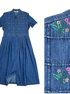 VTG Coldwater Creek Denim Maxi Dress XL NWT Short Sleeve Embroidered Cottagecore